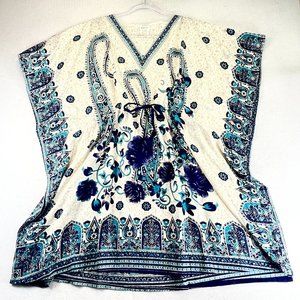 ANJLI Womens Blue Paisley Floral Print Drawstring Waist Top Kimono One Size